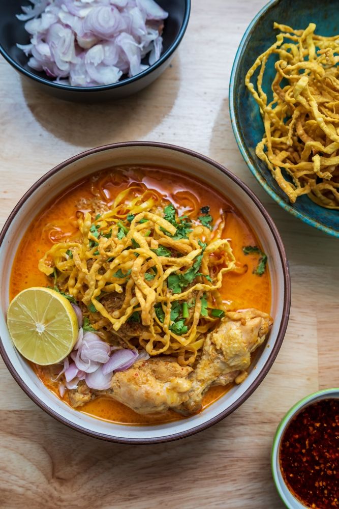 Sautéed Thai Khao Soi with Coconut Curry Broth