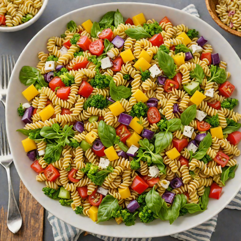 Colorful Arcade-Inspired Rainbow Veggie Pasta Salad