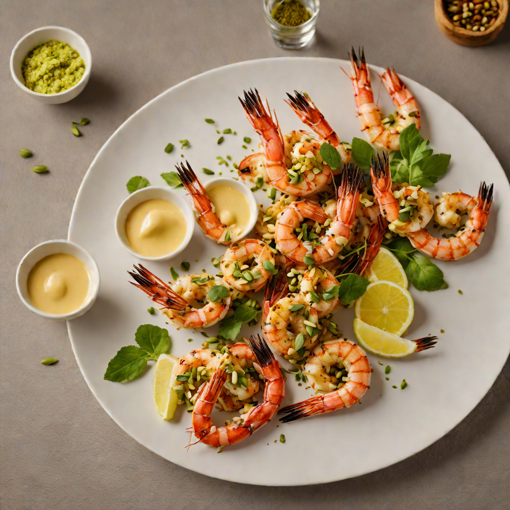 Grilled Prawns with Chilli Mayo and Pistachio Dukkah