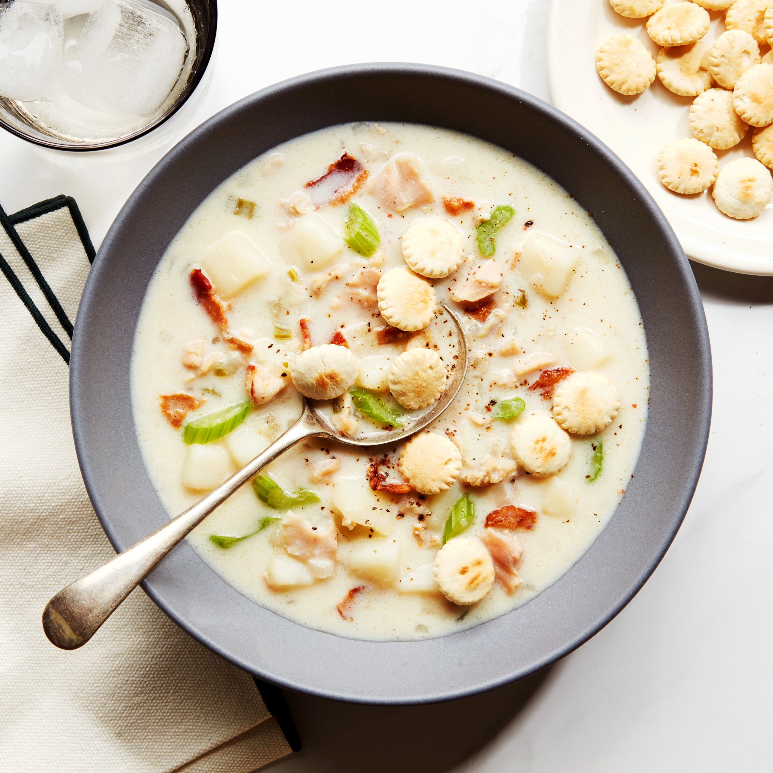 New England-Style Clam Chowder with Oyster Crackers