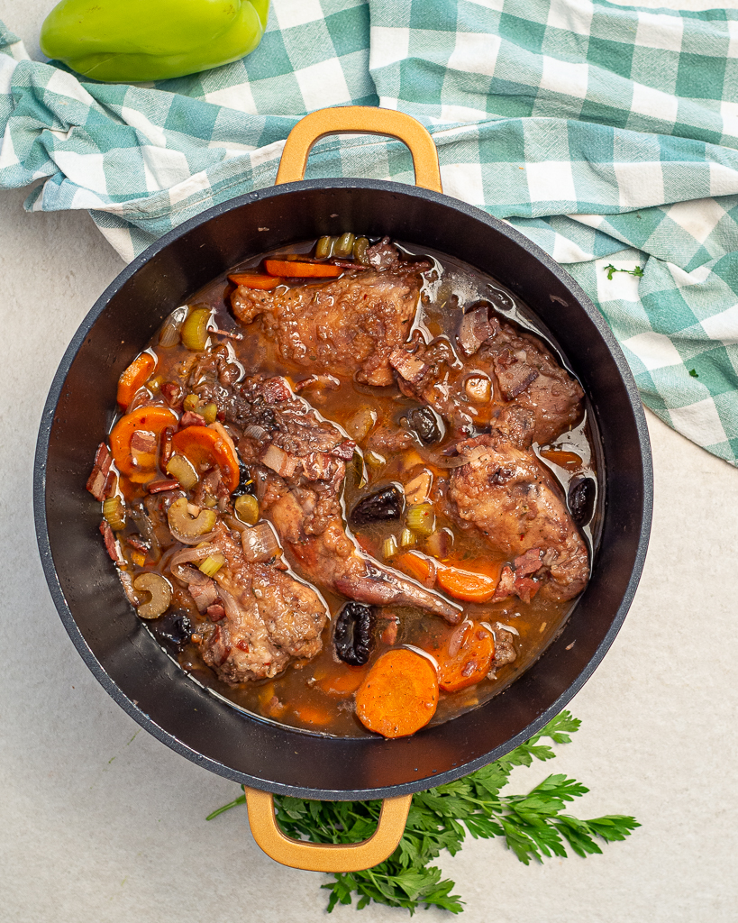 Slow-Braised Rabbit Stew with Prunes and Brandy