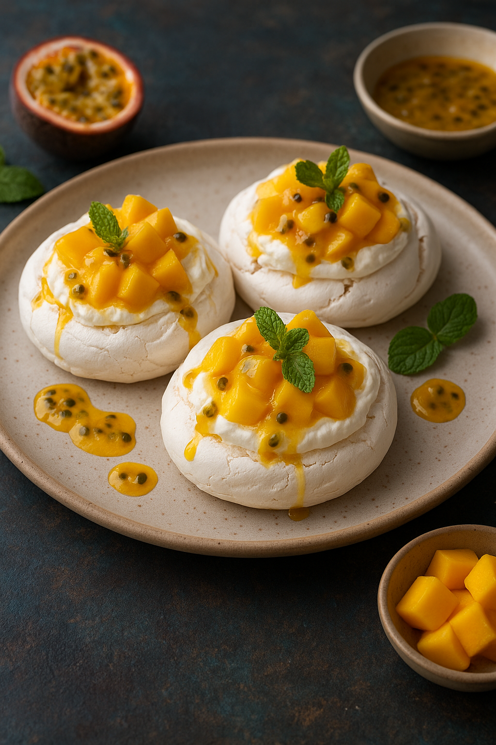 Mango and Macadamia Nut Pavlova with Passionfruit Sauce