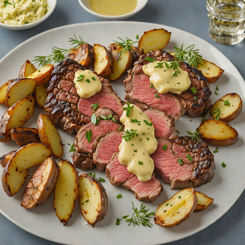 Pan-Seared Ribeye with Garlic-Chive Butter and Roasted Fingerling Potatoes