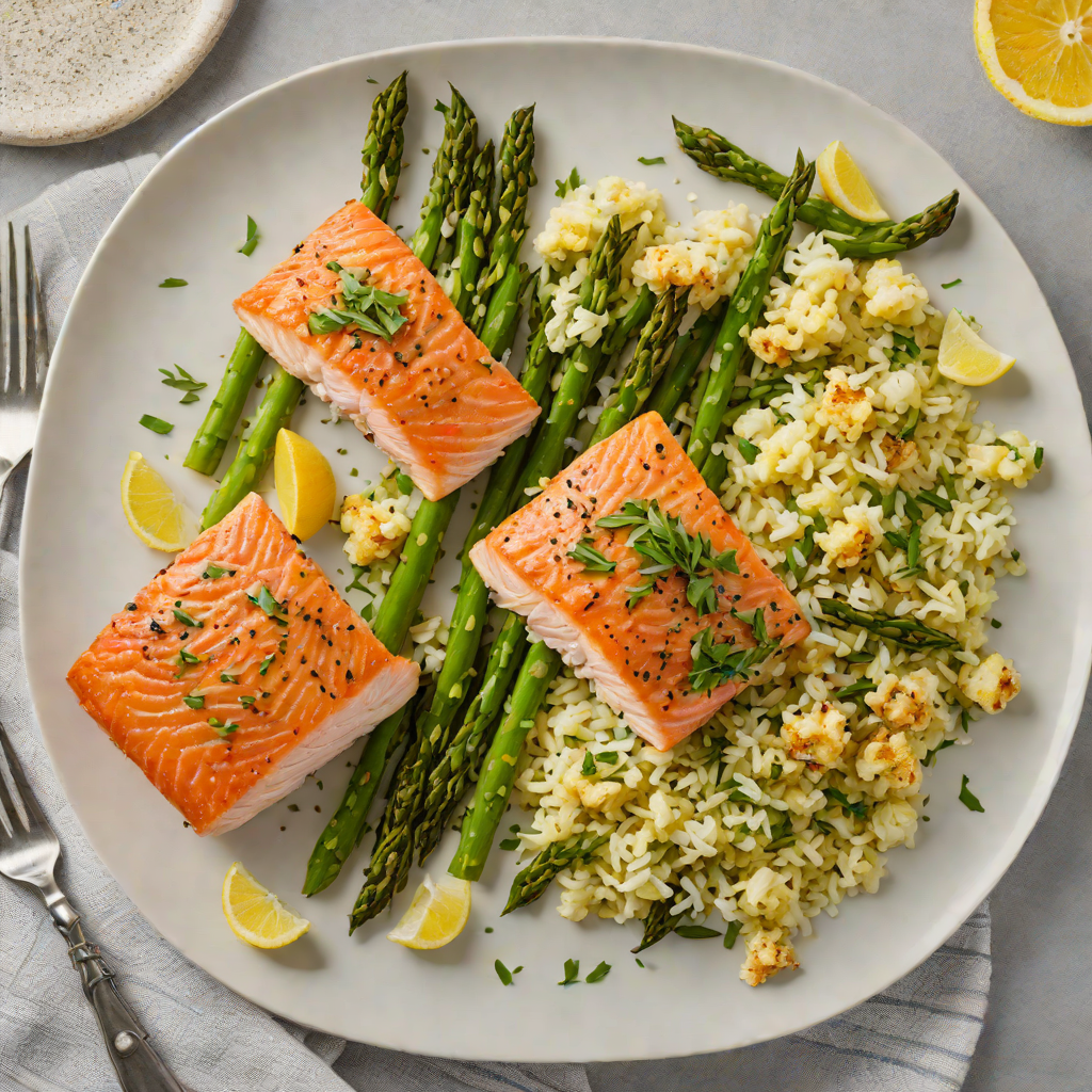 Lemon-Garlic Salmon with Roasted Asparagus and Cauliflower Rice