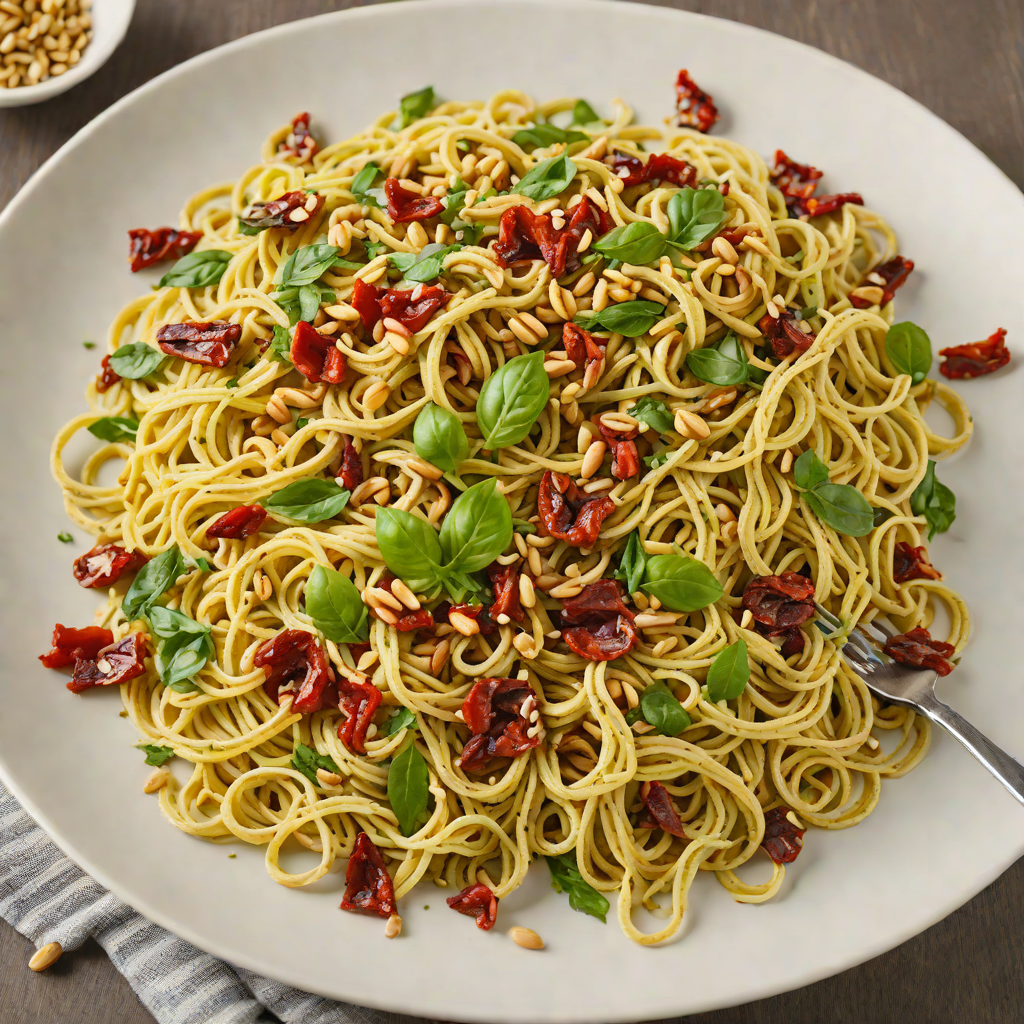 Pesto and Sun-Dried Tomato Fettuccine with Toasted Pine Nuts