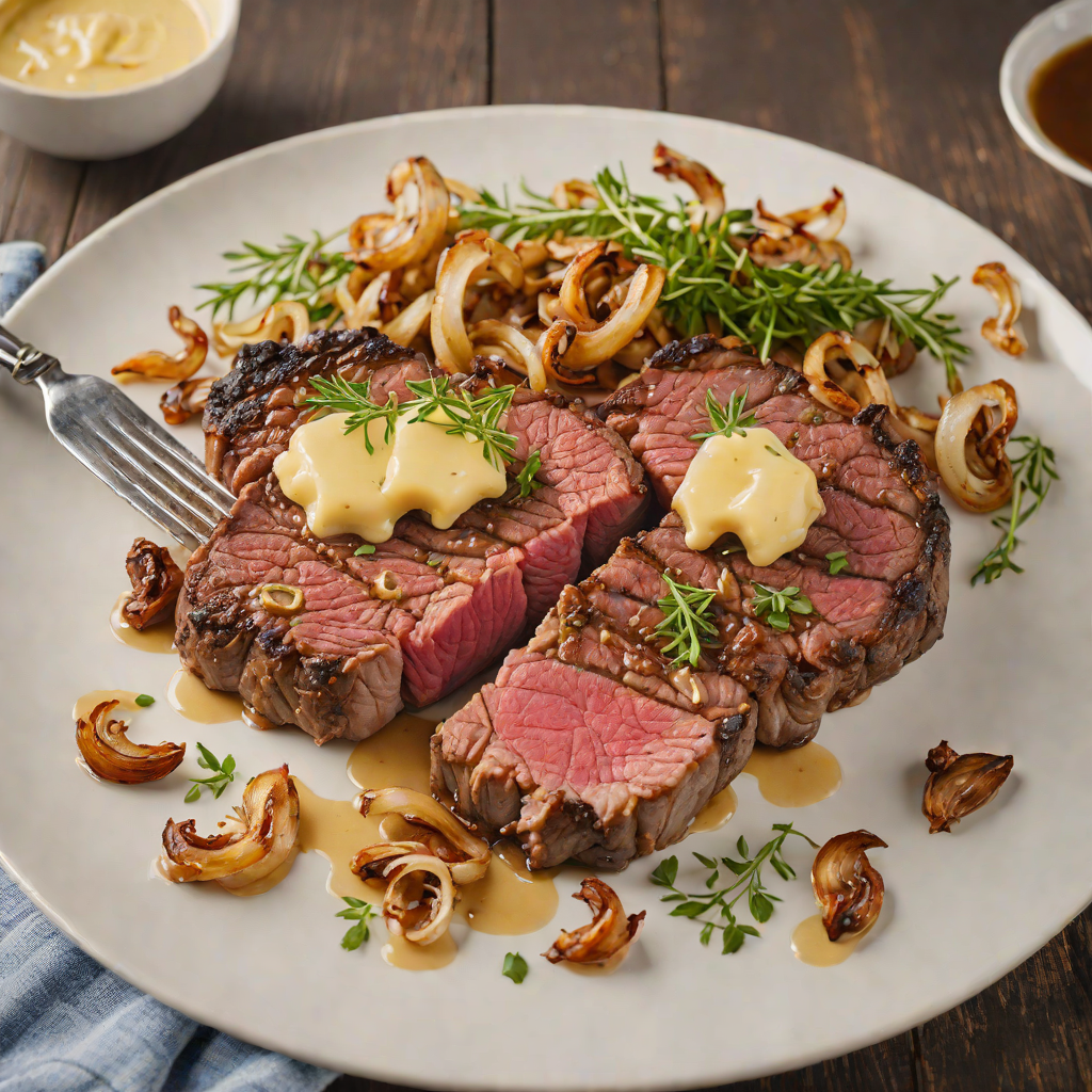 Pan-Seared Ribeye with Garlic Butter and Fried Onions