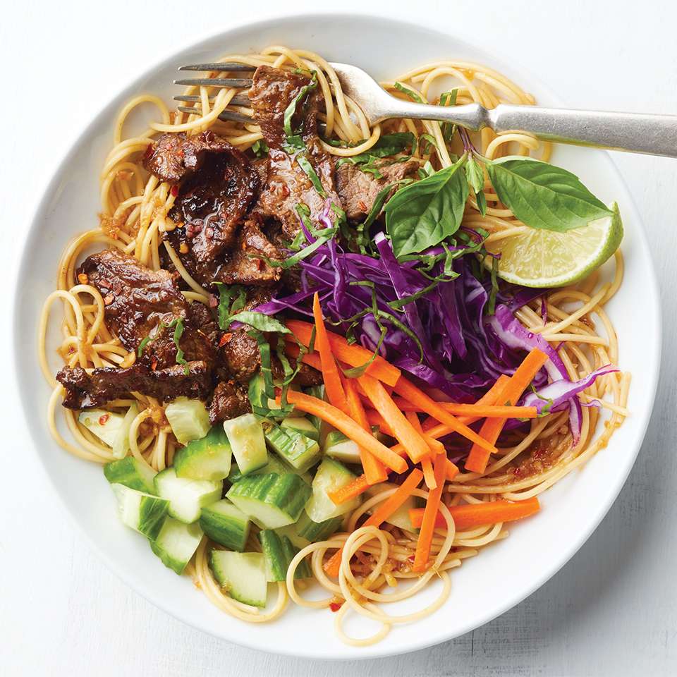 Asian Soy-Ginger Beef Bowls with Rice Noodles