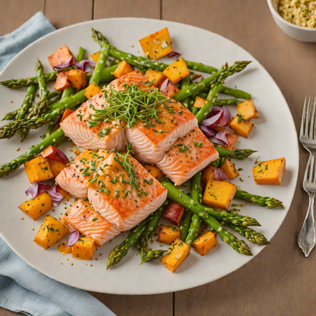 Maple-Mustard Roasted Salmon with Asparagus and Sweet Potatoes