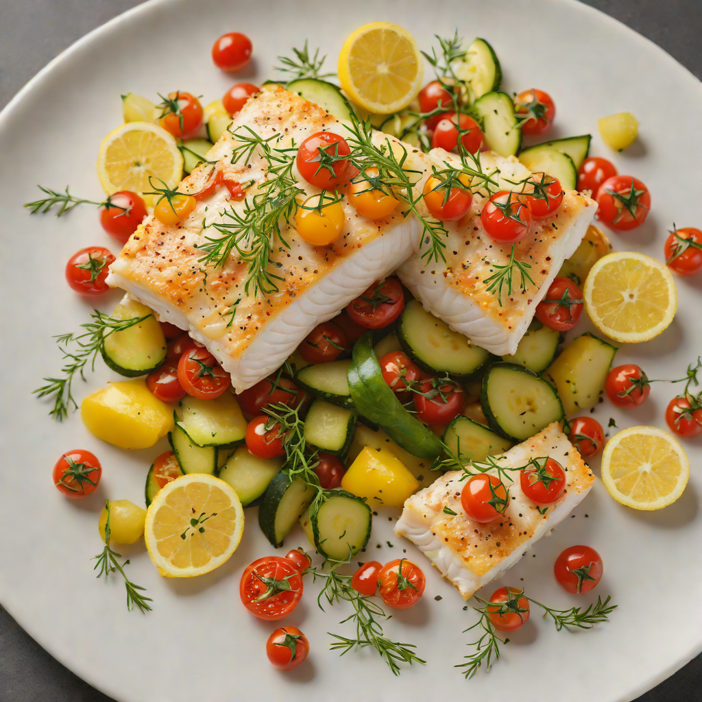 Baked Cod with Lemon-Thyme Zucchini and Cherry Tomatoes