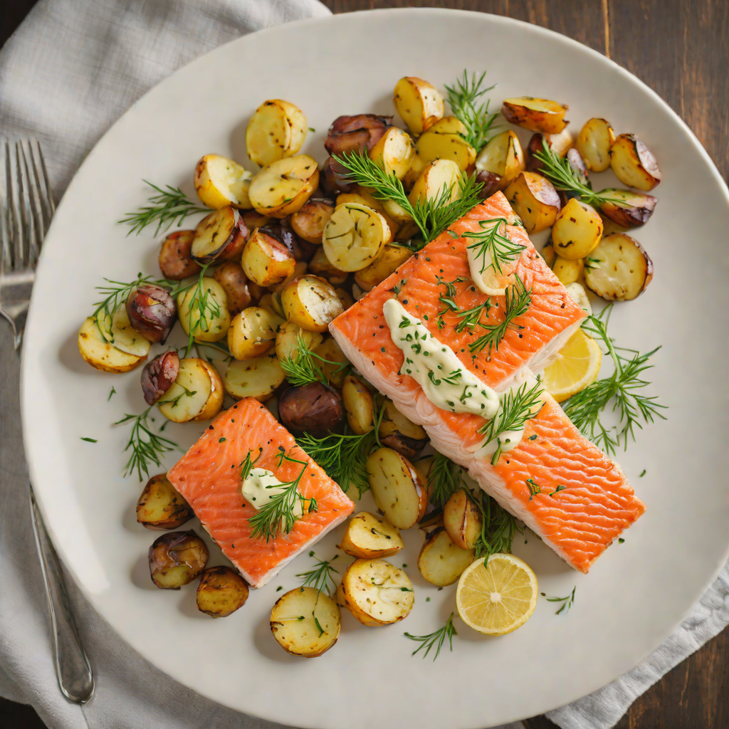 Pan-Seared Salmon with Lemon Dill Sauce and Roasted Baby Potatoes