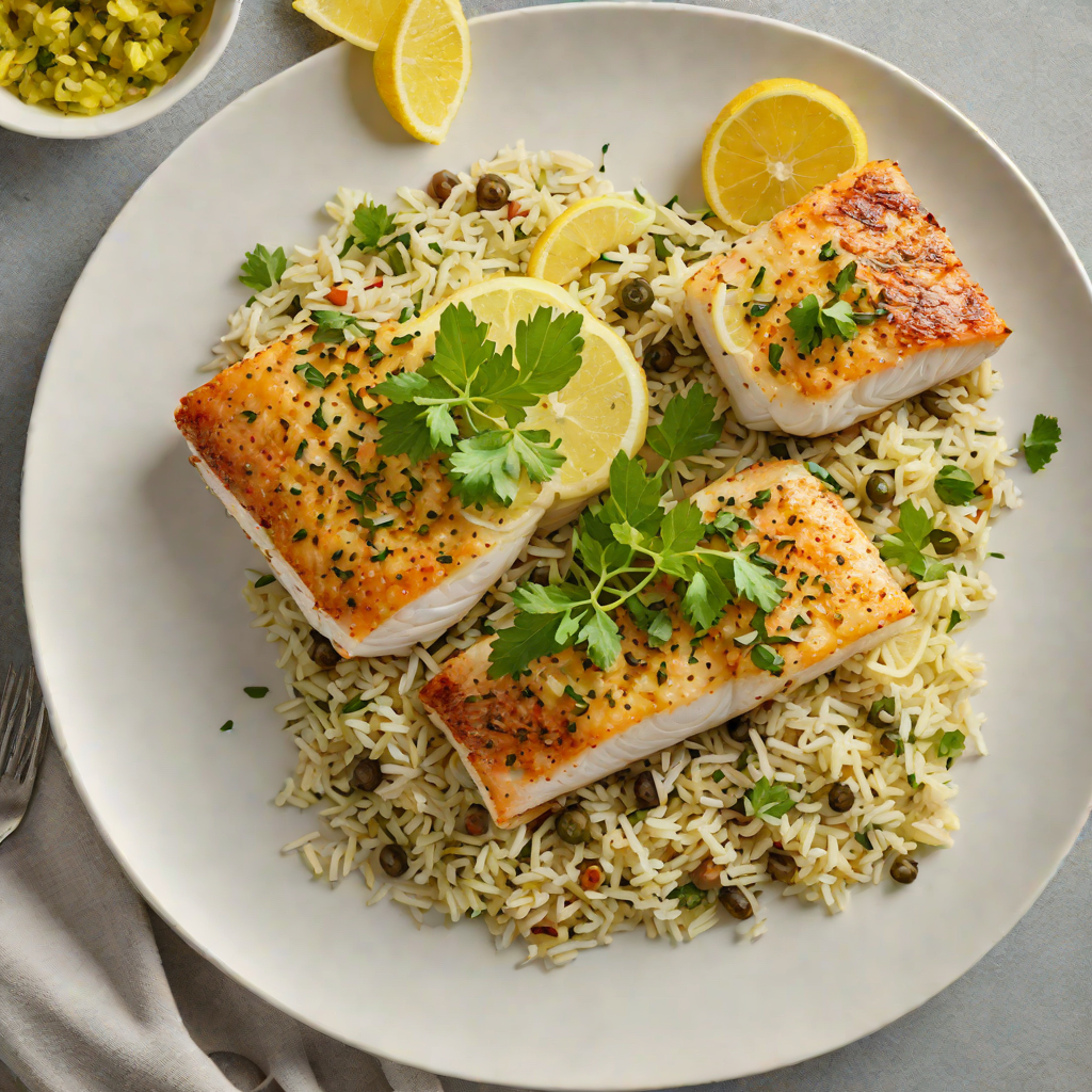 Baked Cod with Lemon-Caper Sauce and Garlic Herb Rice