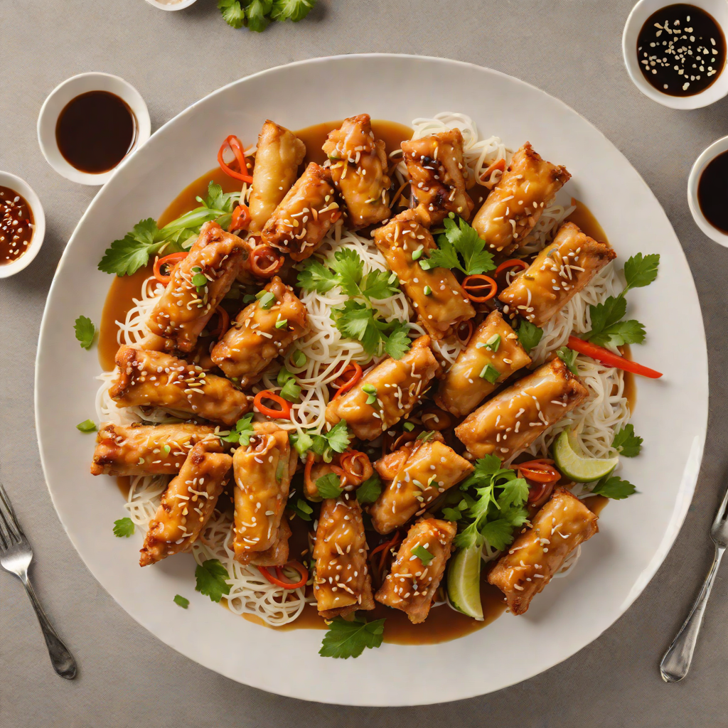 Stir-Fried Chicken with Crispy Egg Rolls and Garlic Soy Glaze