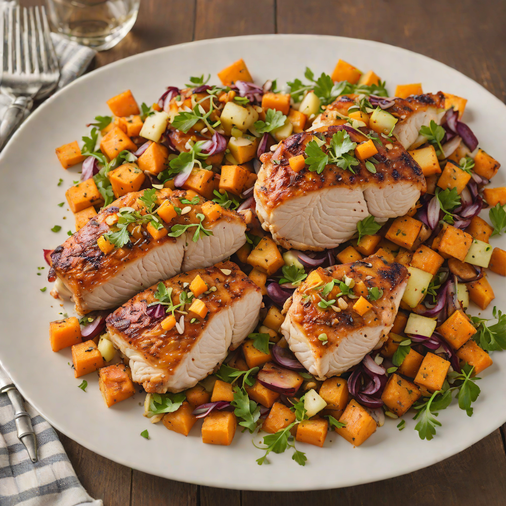 Pan-Seared Chicken Thighs with Roasted Sweet Potato and Apple Hash