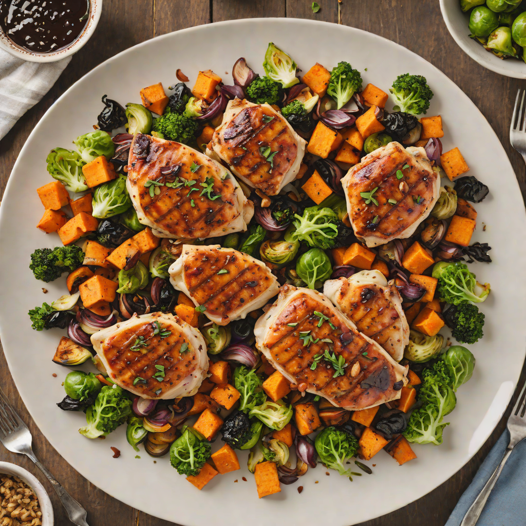 One-Pan Balsamic Chicken with Roasted Brussels Sprouts and Sweet Potatoes