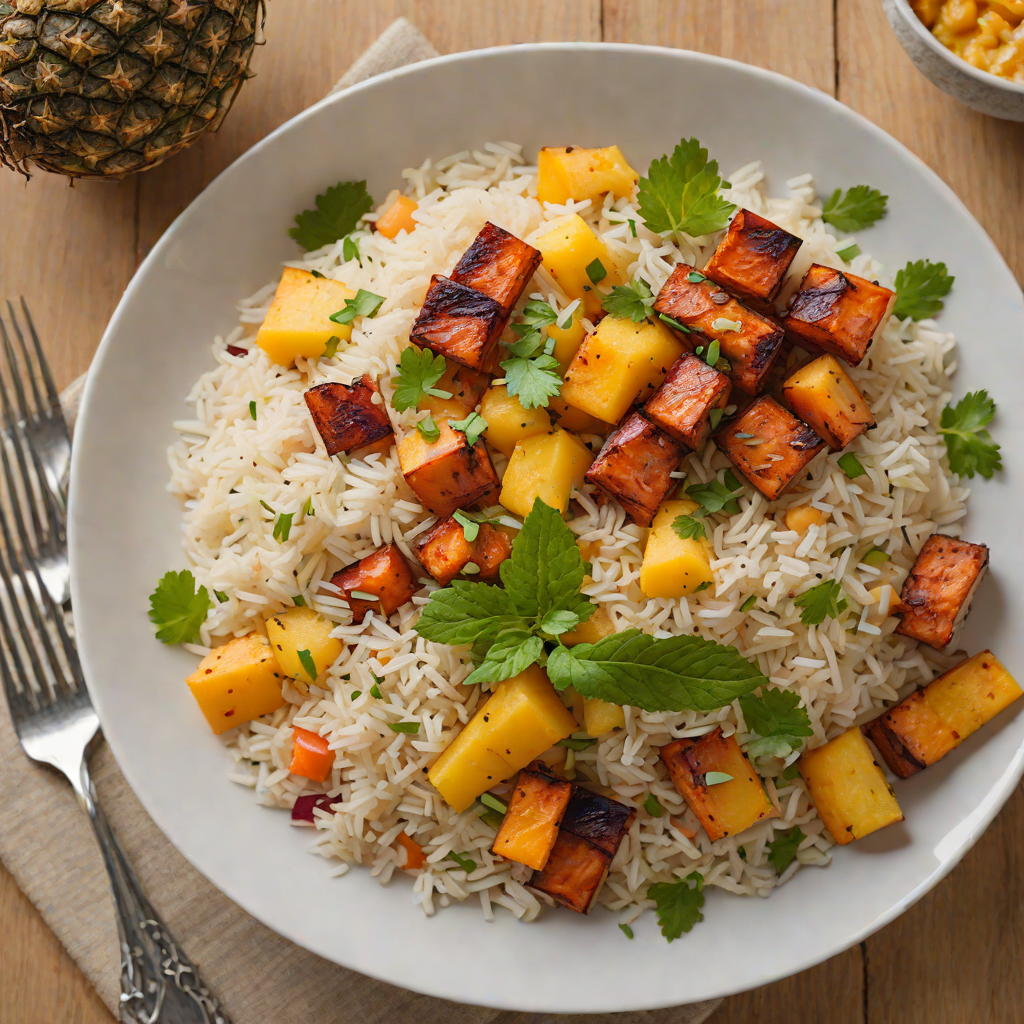 Tiki-Style Coconut Pineapple Rice Bowl with Roasted Sweet Potato