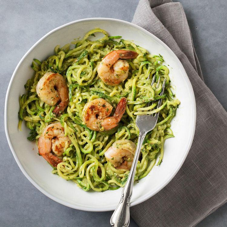 Sautéed Zucchini Noodles with Avocado Pesto and Grilled Shrimp