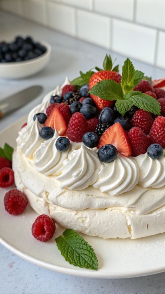 Creamy Pavlova with Passionfruit and Fresh Berries