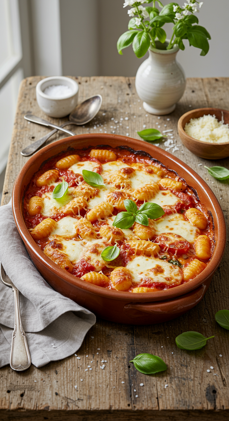 Italian Oven-Baked Gnocchi with Tomato Basil Sauce and Mozzarella