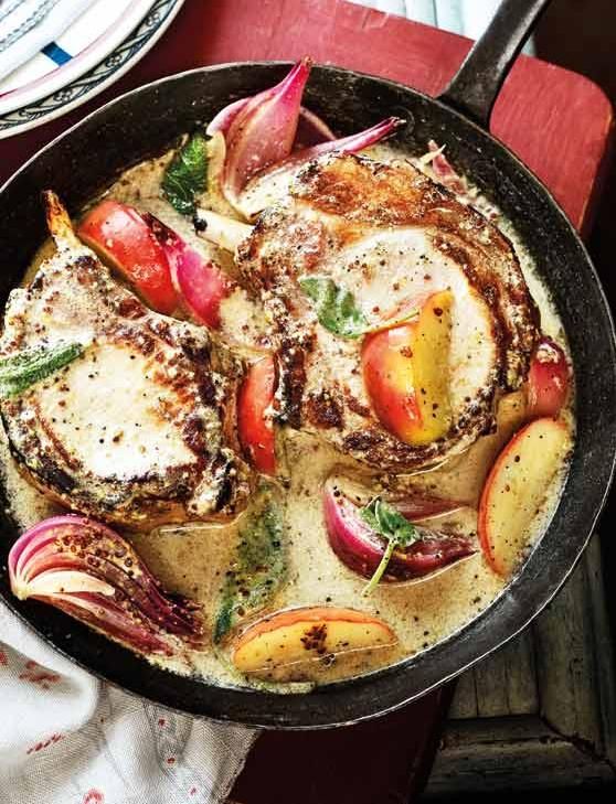 Pan-Seared Pork Chops with Caramelized Apples and Mustard Sauce