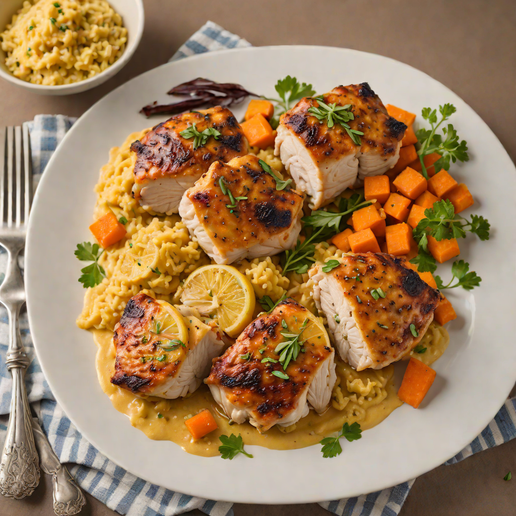 Roasted Lemon-Garlic Chicken Thighs with Sweet Potato Mash