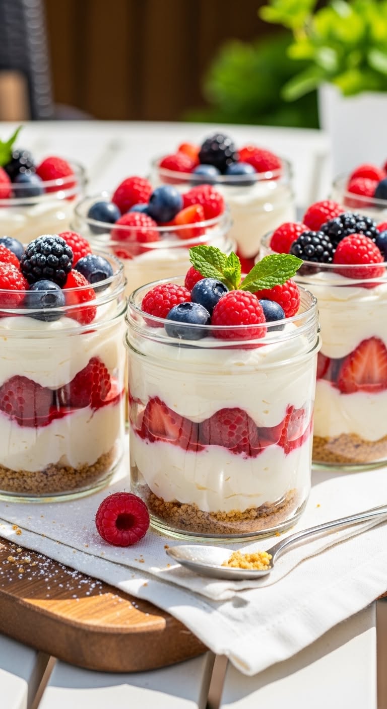 No-Bake Berry Cheesecake Parfaits with Honey Almond Crumble