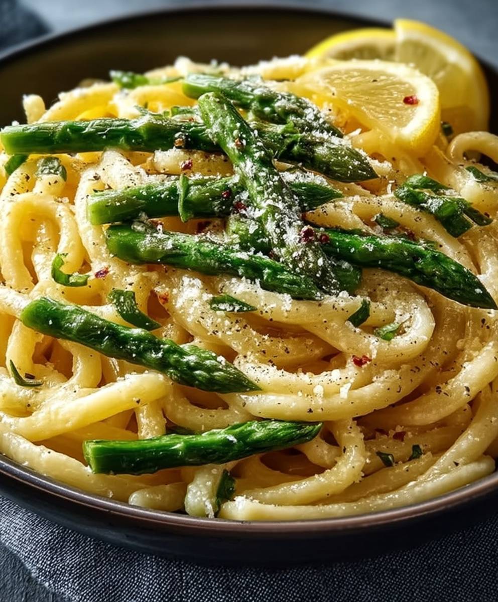 Lemon-Garlic Asparagus Pasta with Cherry Tomatoes