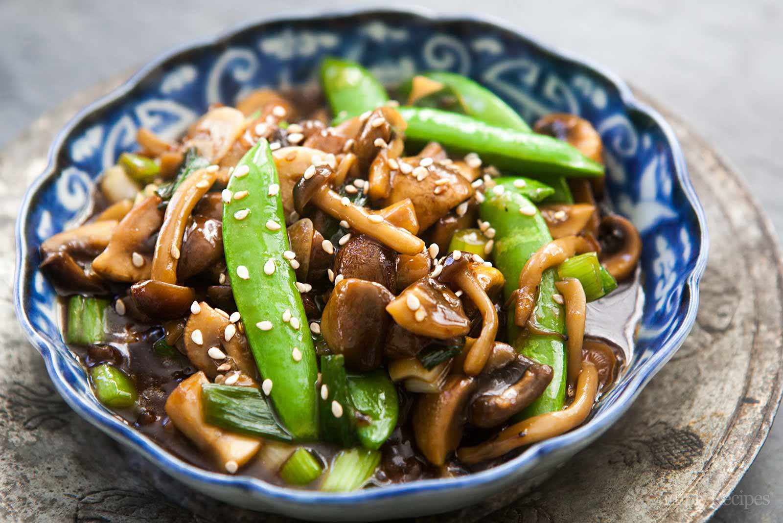 Tofu Stir-Fry with Snow Peas and Shiitake Mushrooms in Ginger-Sesame Sauce