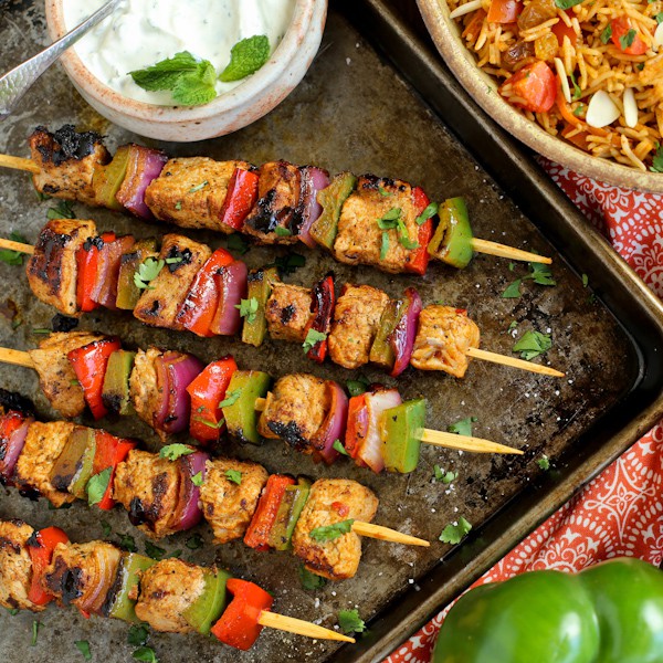 Grilled Pork Kebabs with Spiced Yogurt Marinade and Mint