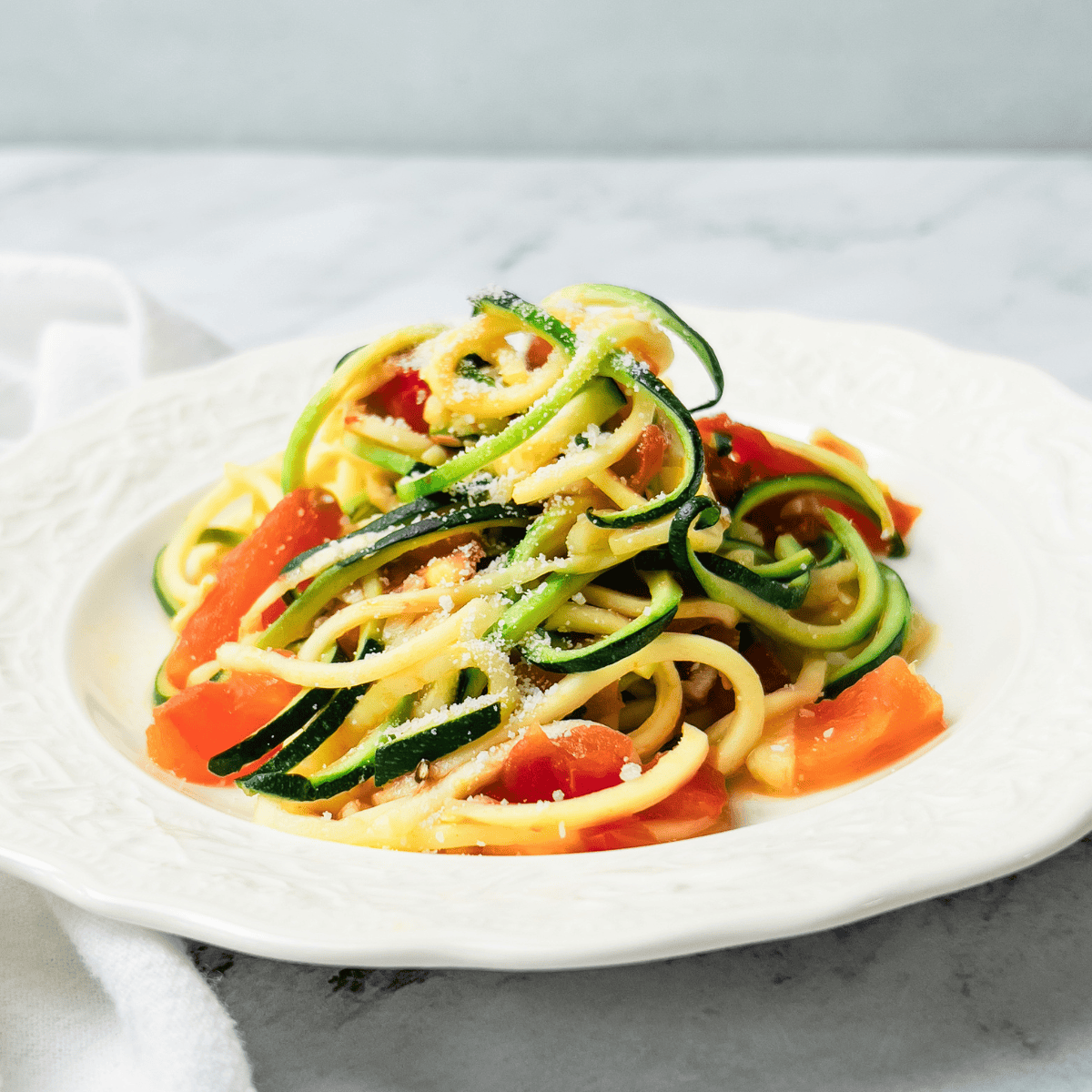 Sautéed Zucchini Noodles with Garlic Basil Tomato Sauce