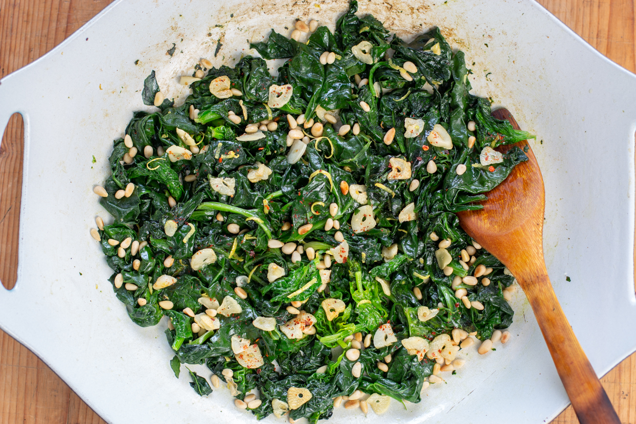 Sautéed Garlic Spinach with Lemon Zest and Toasted Pine Nuts