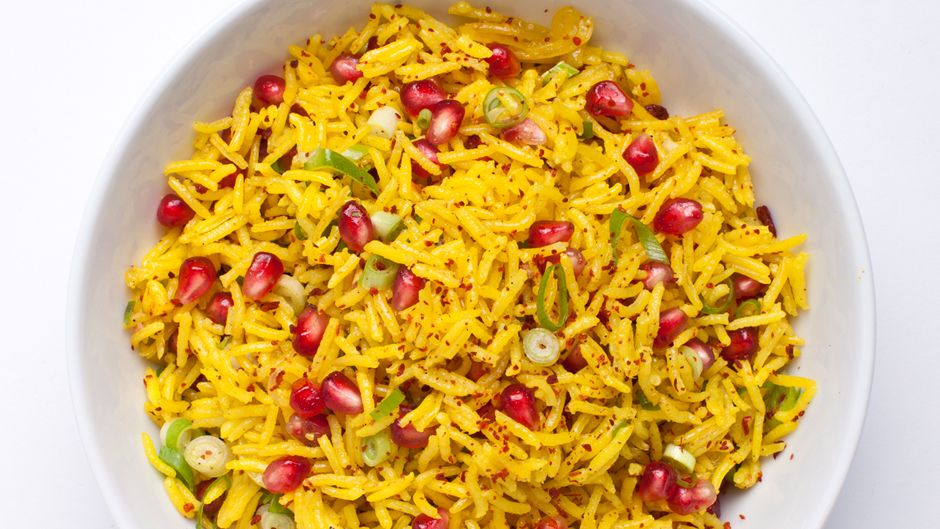 Spiced Butter Crisped Ethiopian Rice with Pomegranate Seeds
