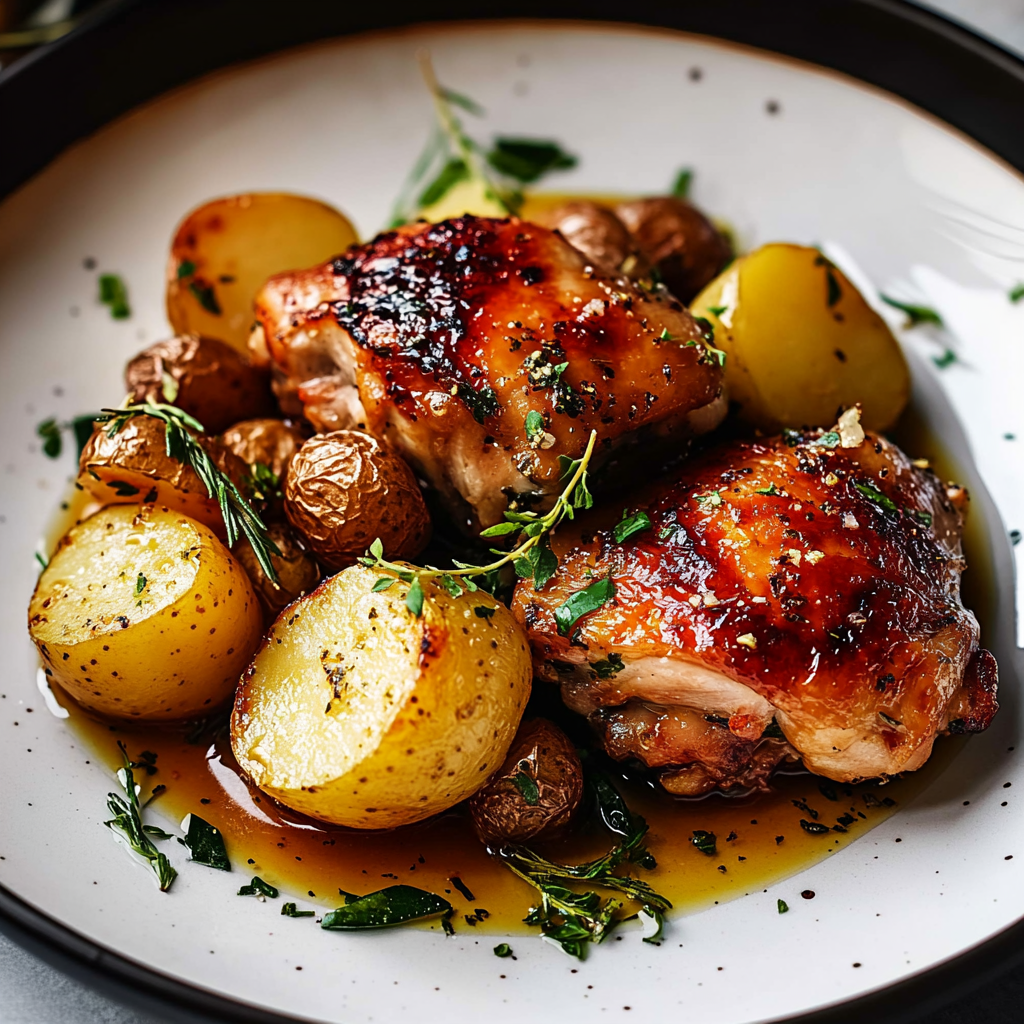 Pan-Seared Chicken Thighs with Garlic-Rosemary Jus and Roasted Potatoes