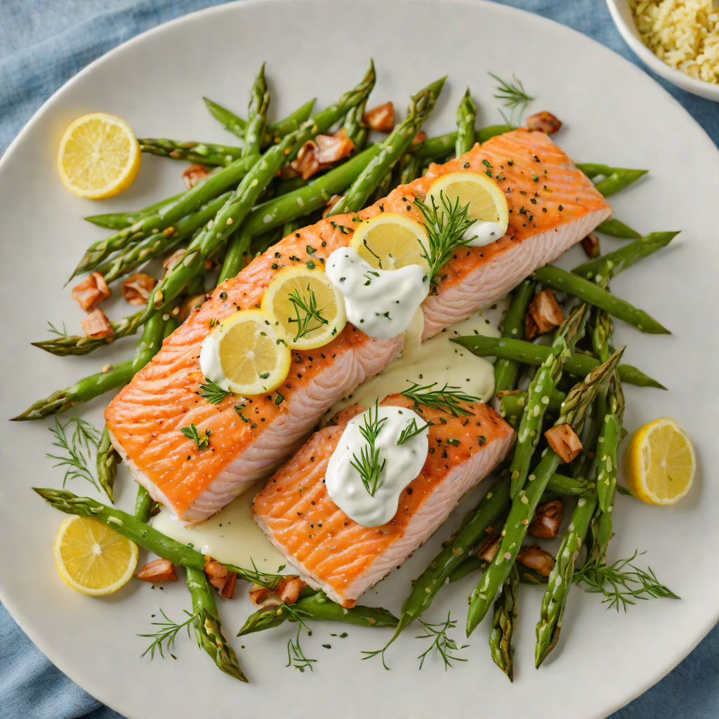 Pan-Roasted Salmon with Lemon Dill Yogurt Sauce and Garlic Green Beans