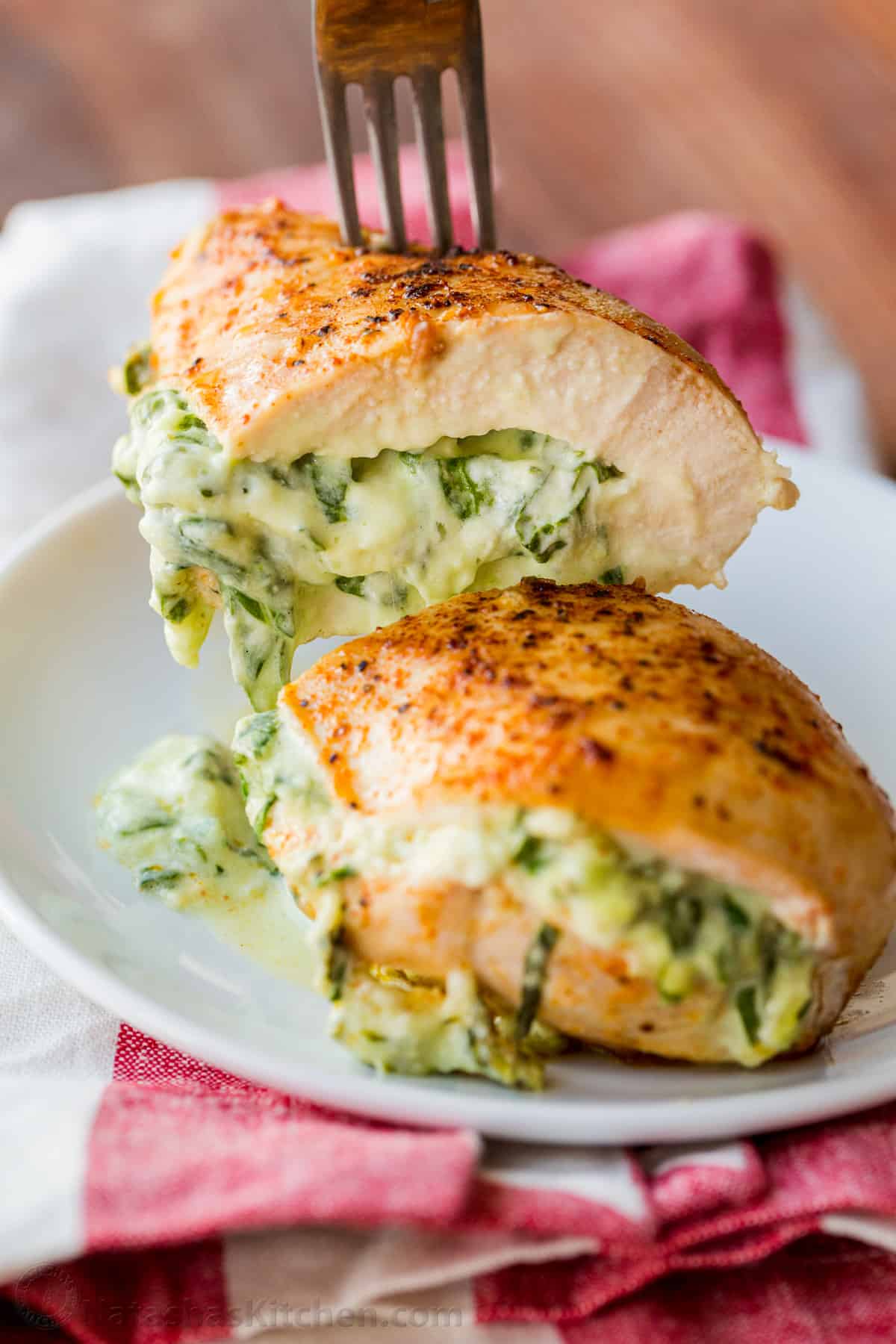 Three-Cheese Stuffed Chicken Breast with Garlic Spinach