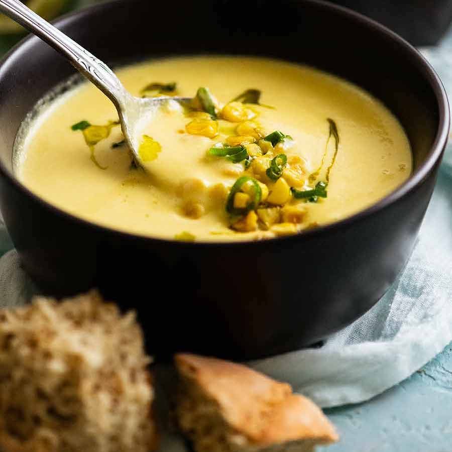 Chilled Corn and Basil Soup with Roasted Red Peppers