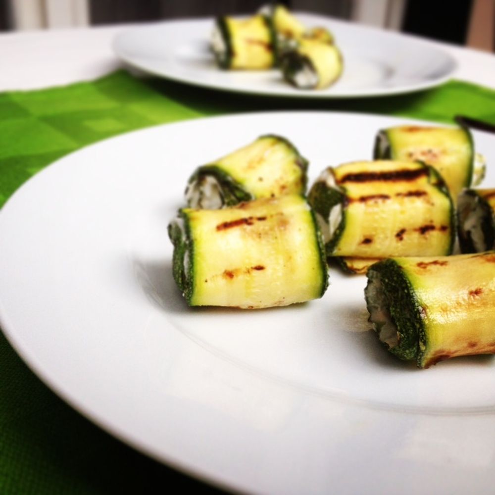 Grilled Zucchini Rolls with Shredded Chicken and Scallion Garlic Filling