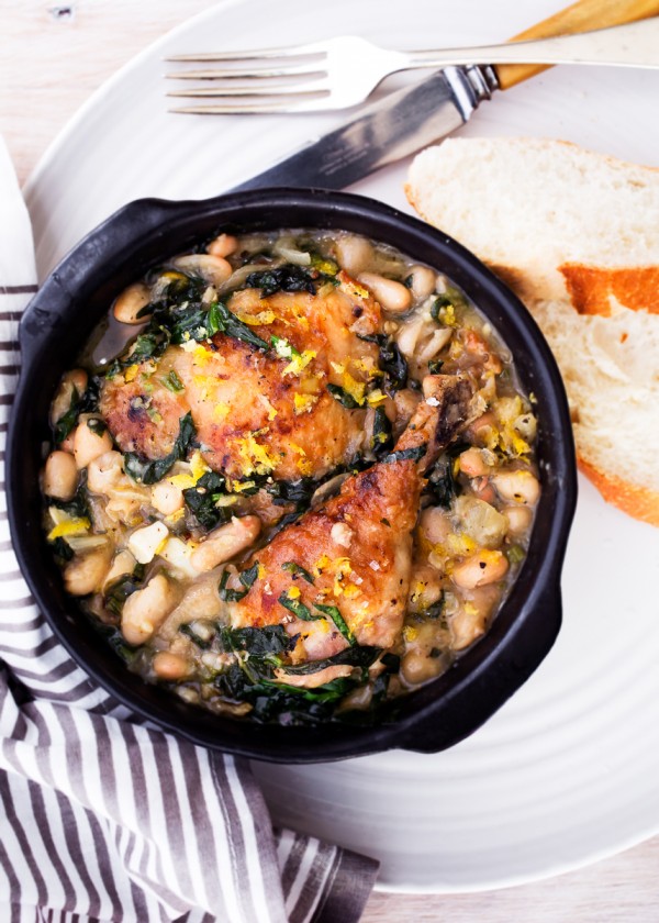 Pan-Seared Chicken with White Bean and Spinach Ragout