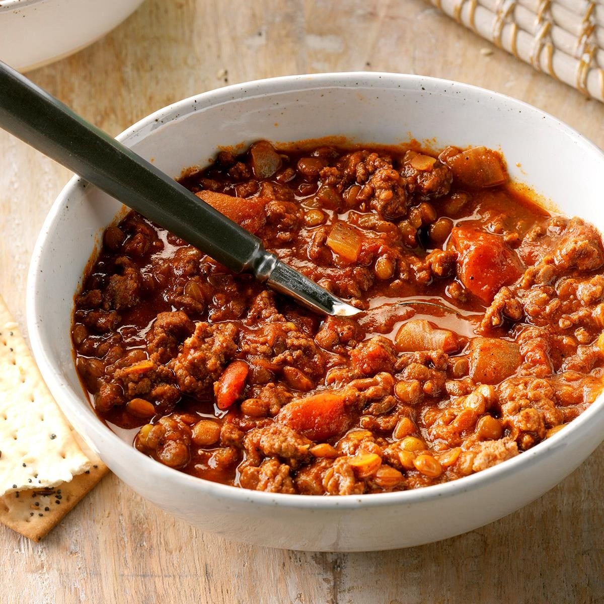 Beef and Lentil Chili with Roasted Sweet Potatoes