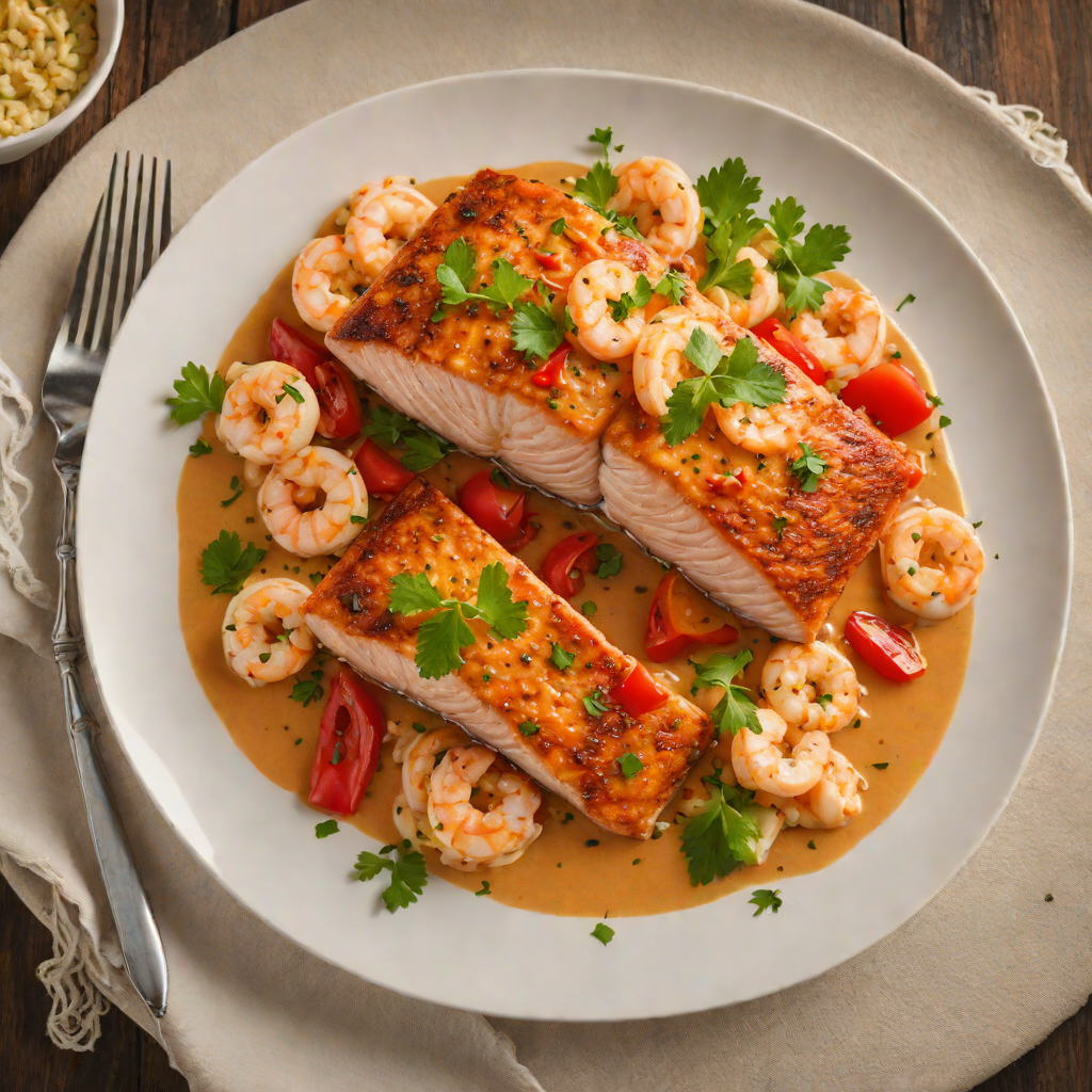 Pan-Seared Cajun Salmon with Shrimp in Red Bell Pepper Cream Sauce