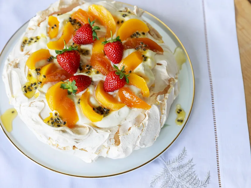 Classic Peach and Passionfruit Pavlova Roll