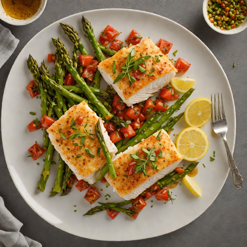 Baked Cod with Tomato-Olive Relish and Roasted Asparagus