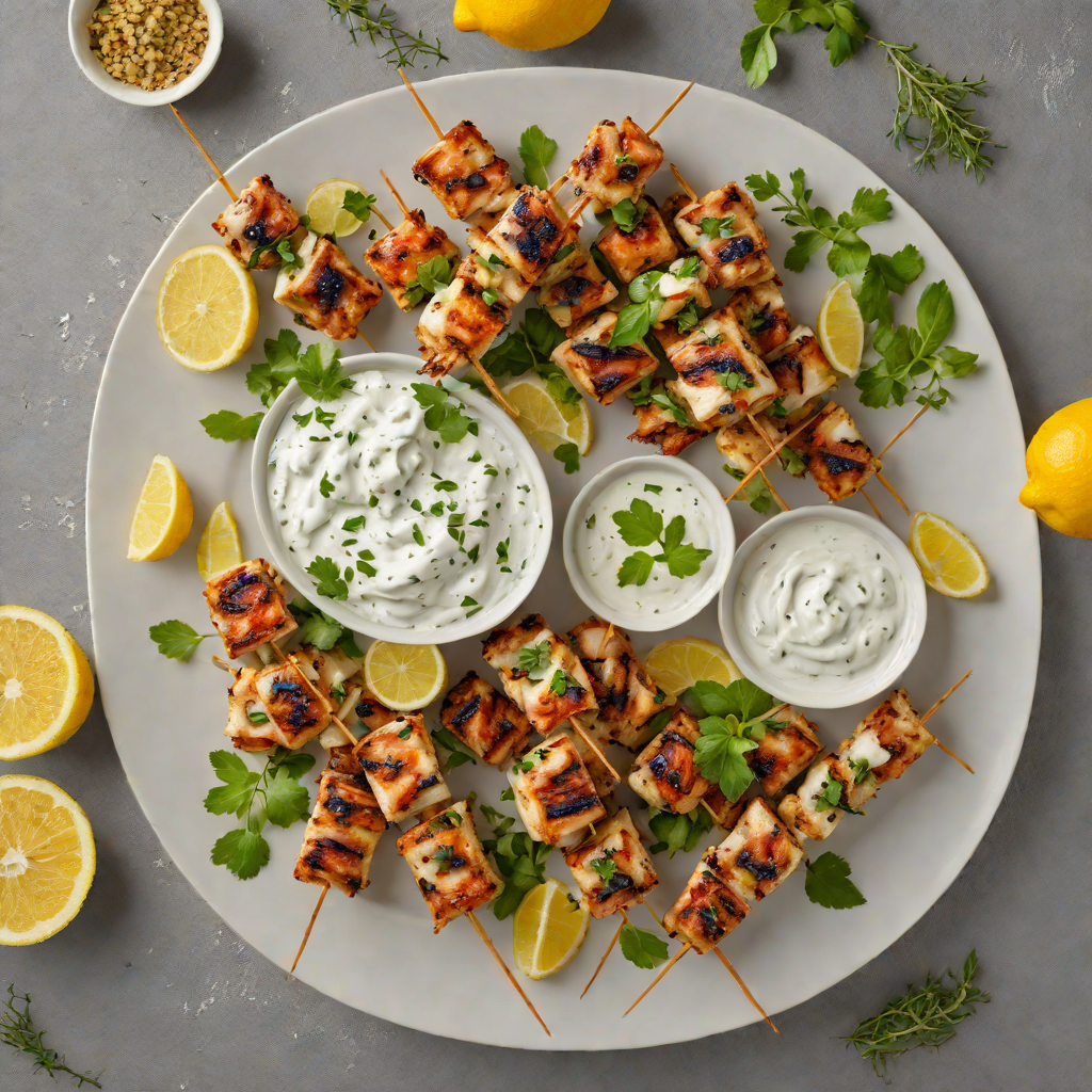 Grilled Lemon-Thyme Chicken Skewers with Tzatziki Dip