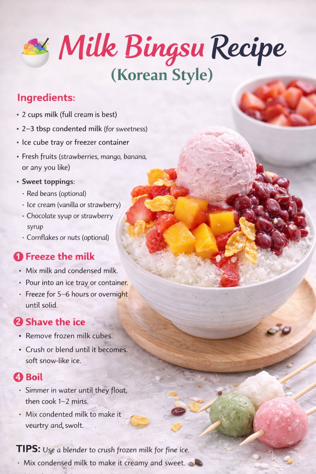 Bingsu-Inspired Shaved Ice with Sweetened Condensed Milk and Mochi