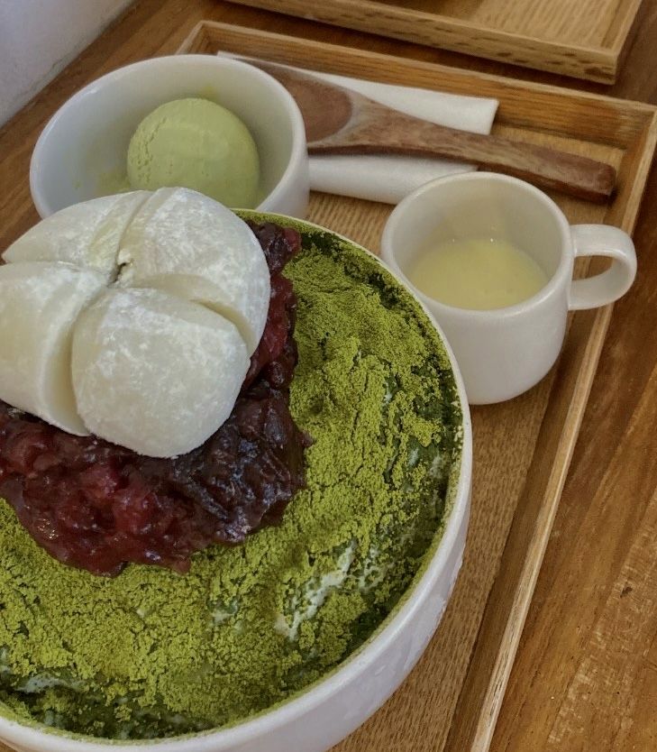 Chilled Matcha Bingsu with Sweet Red Bean and Mochi