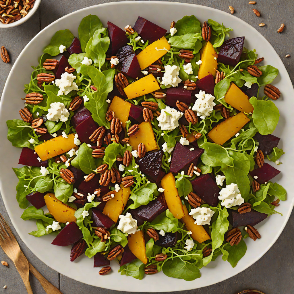 Warm Autumn Salad with Roasted Beets, Goat Cheese, and Candied Pecans
