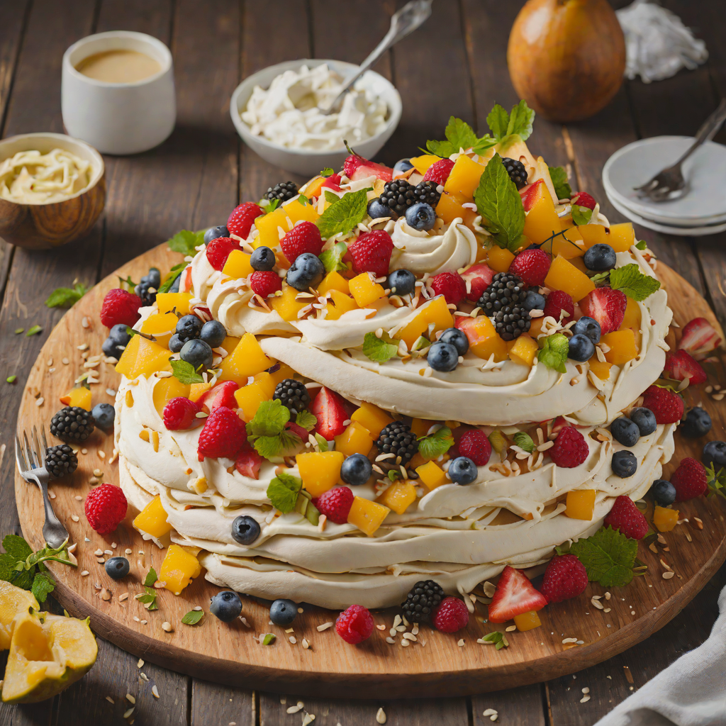 Layered Tropical Fruit Pavlova with Coconut Whipped Cream