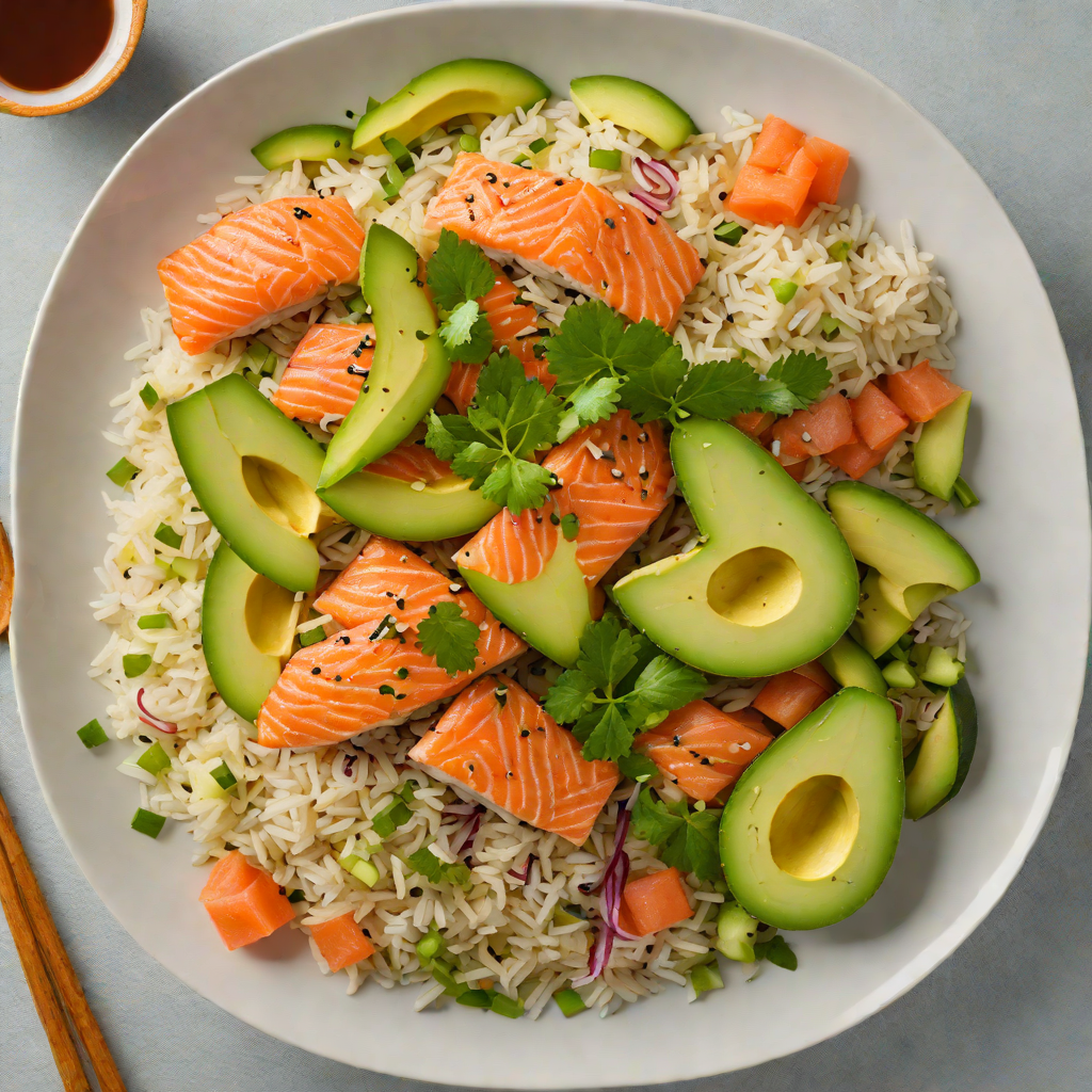Sushi-Style Salmon Avocado Rice Bowl with Soy-Ginger Dressing