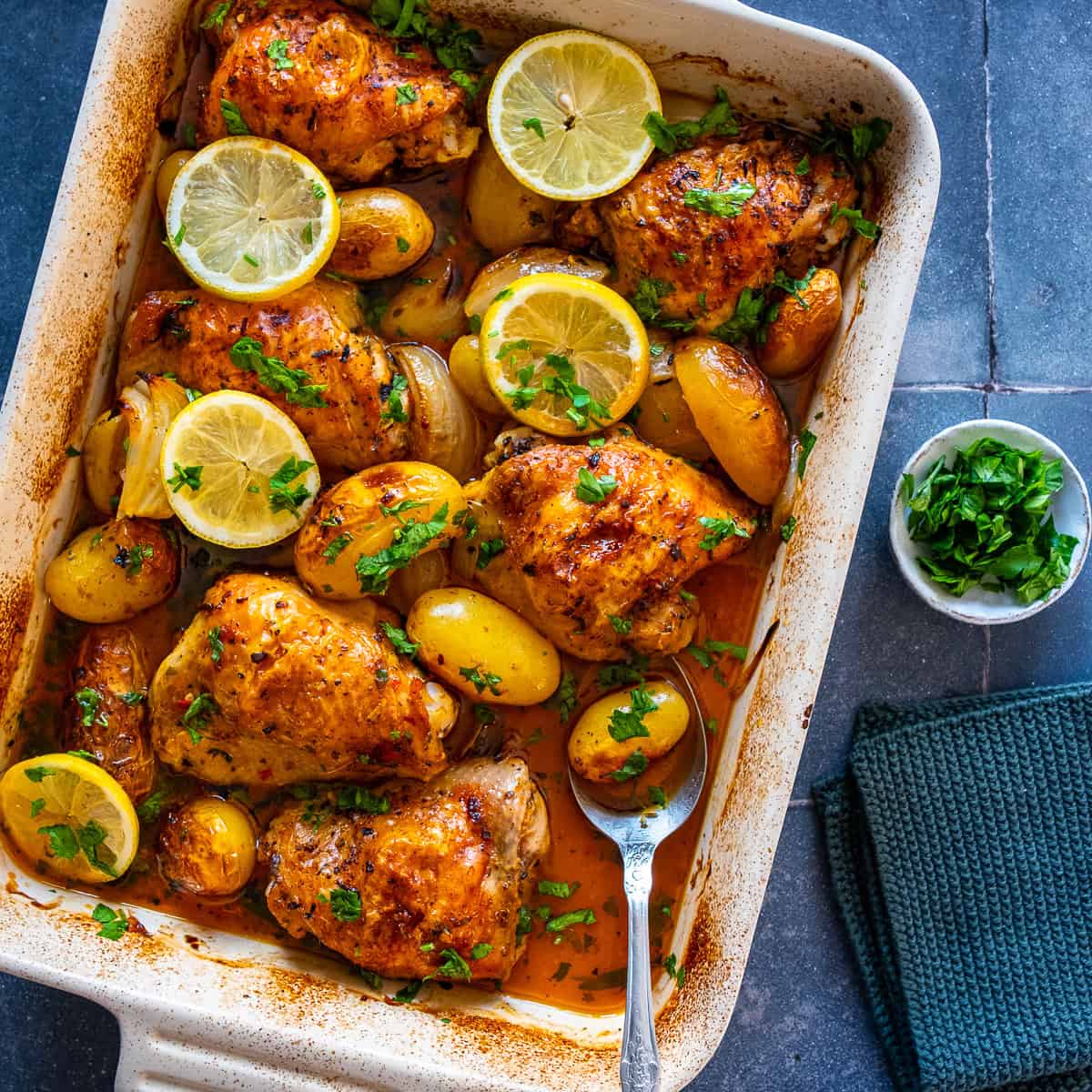 Sautéed Garlic Herb Chicken Thighs with Roasted Lemon Potatoes