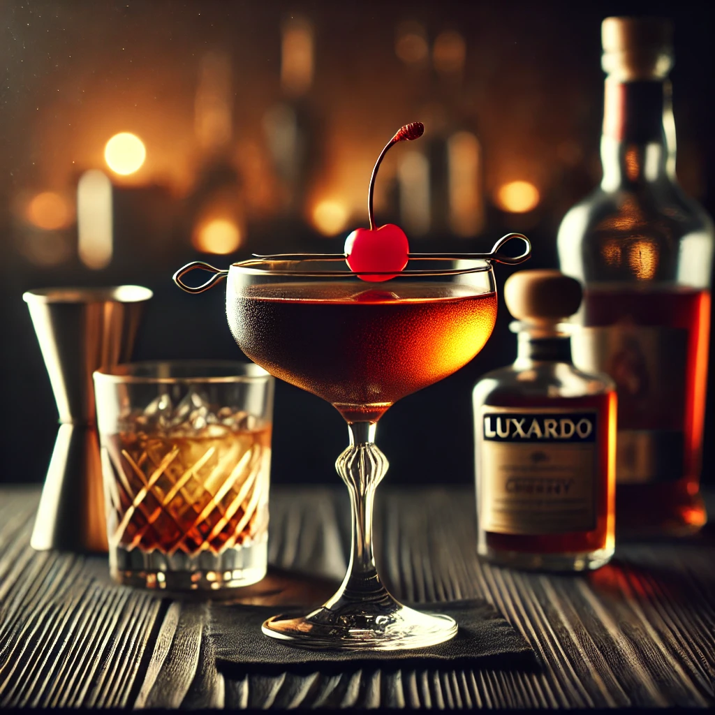 Manhattan Stirred Whiskey Cocktail with Cherry Twist
