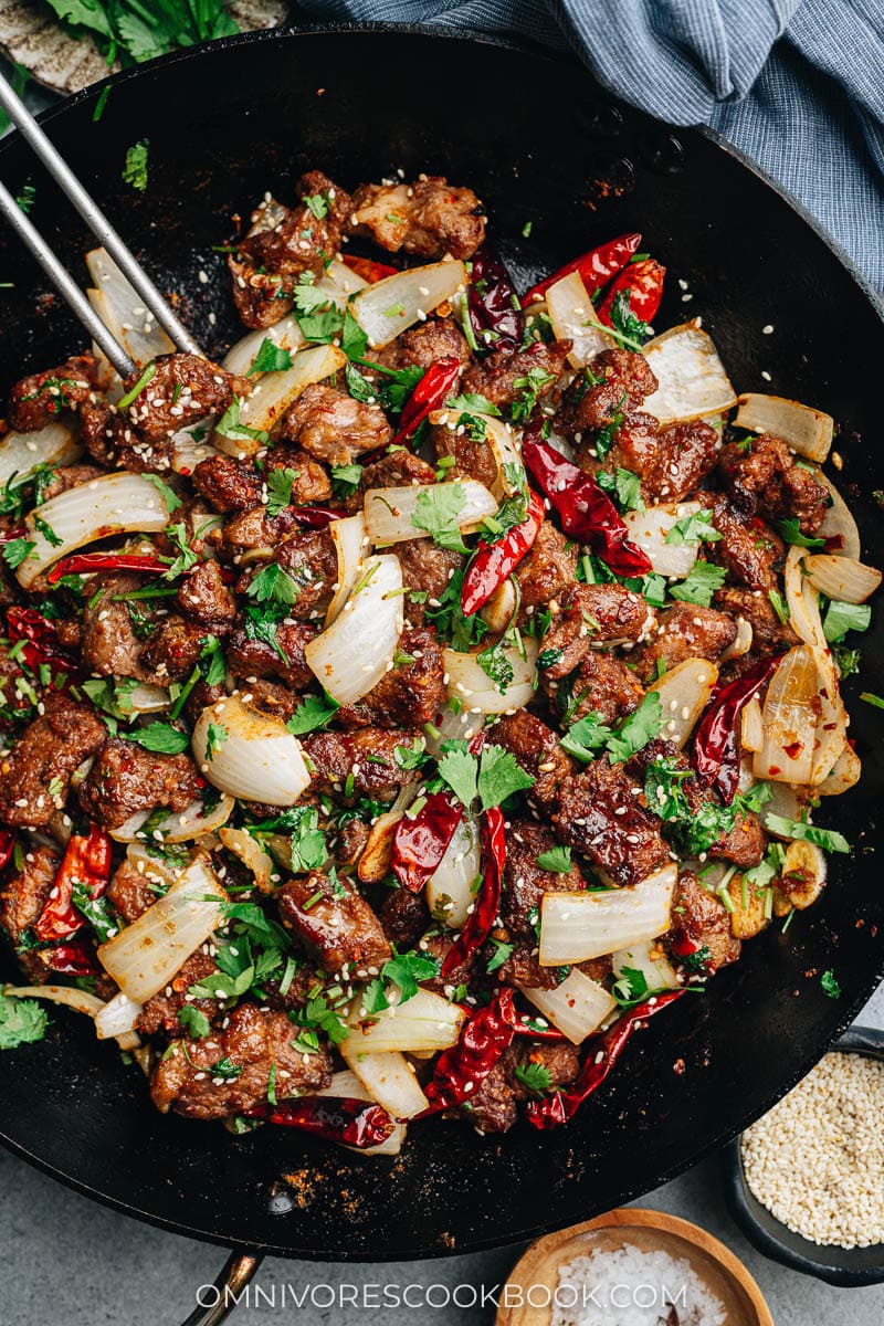 Air Fryer Szechuan Lamb with Crispy Rice and Chili Oil